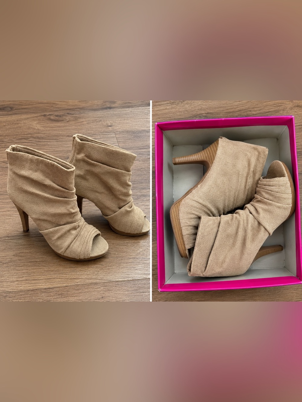Fioni Taupe Faux Suede Peep Toe Slouch High Heel Booties Size 9